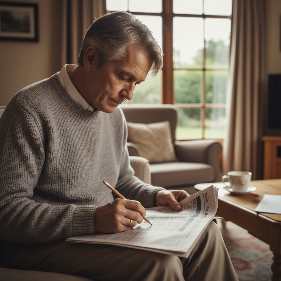 A woman in her sixties filling in a Sudoku grid as a form of mental challenge